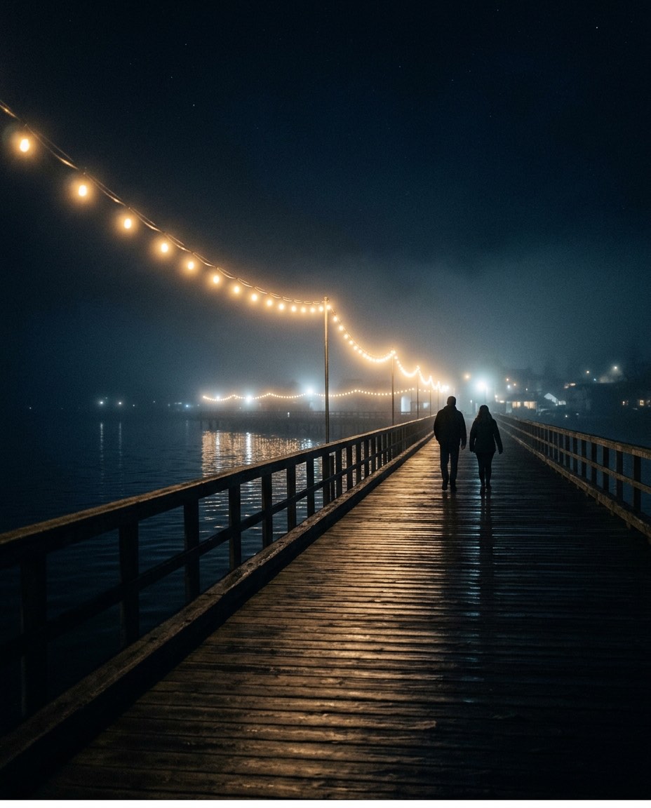 A boardwalk along dark water