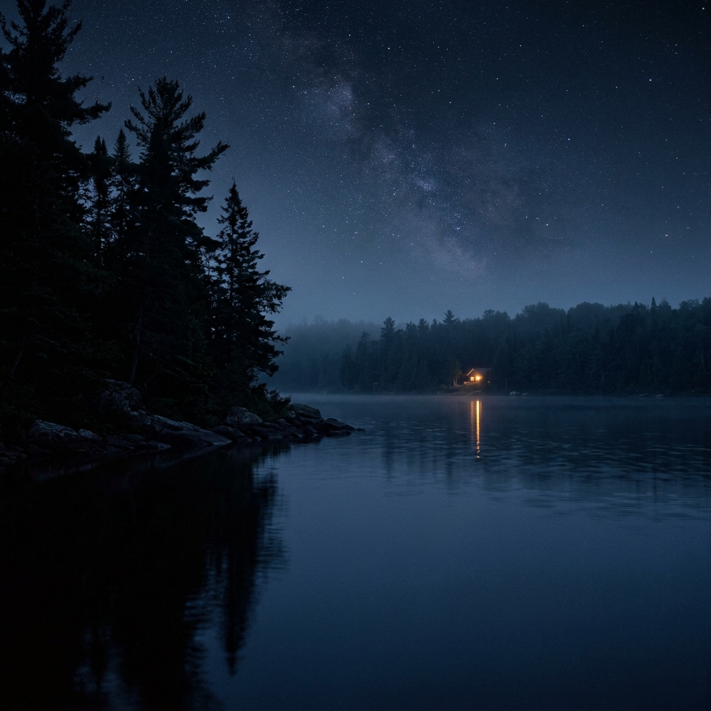 A cabin light reflected on a still lake under the Milky Way