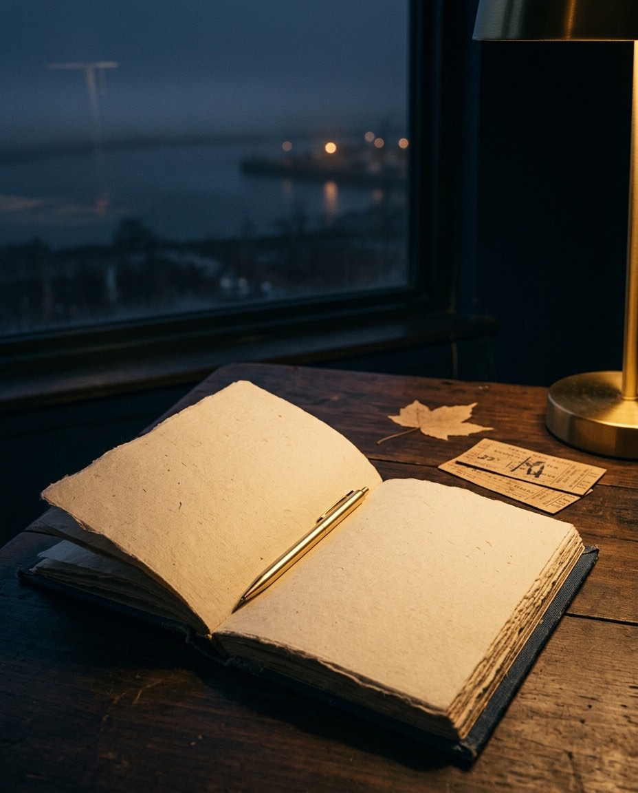 A notebook and warm lamp on a night table