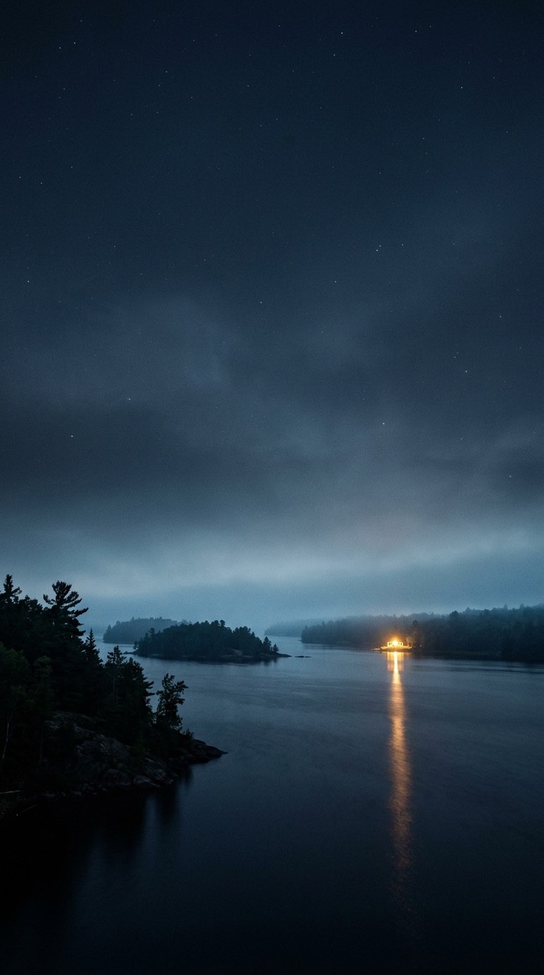 Night mist over a river, with one warm light on the far shore